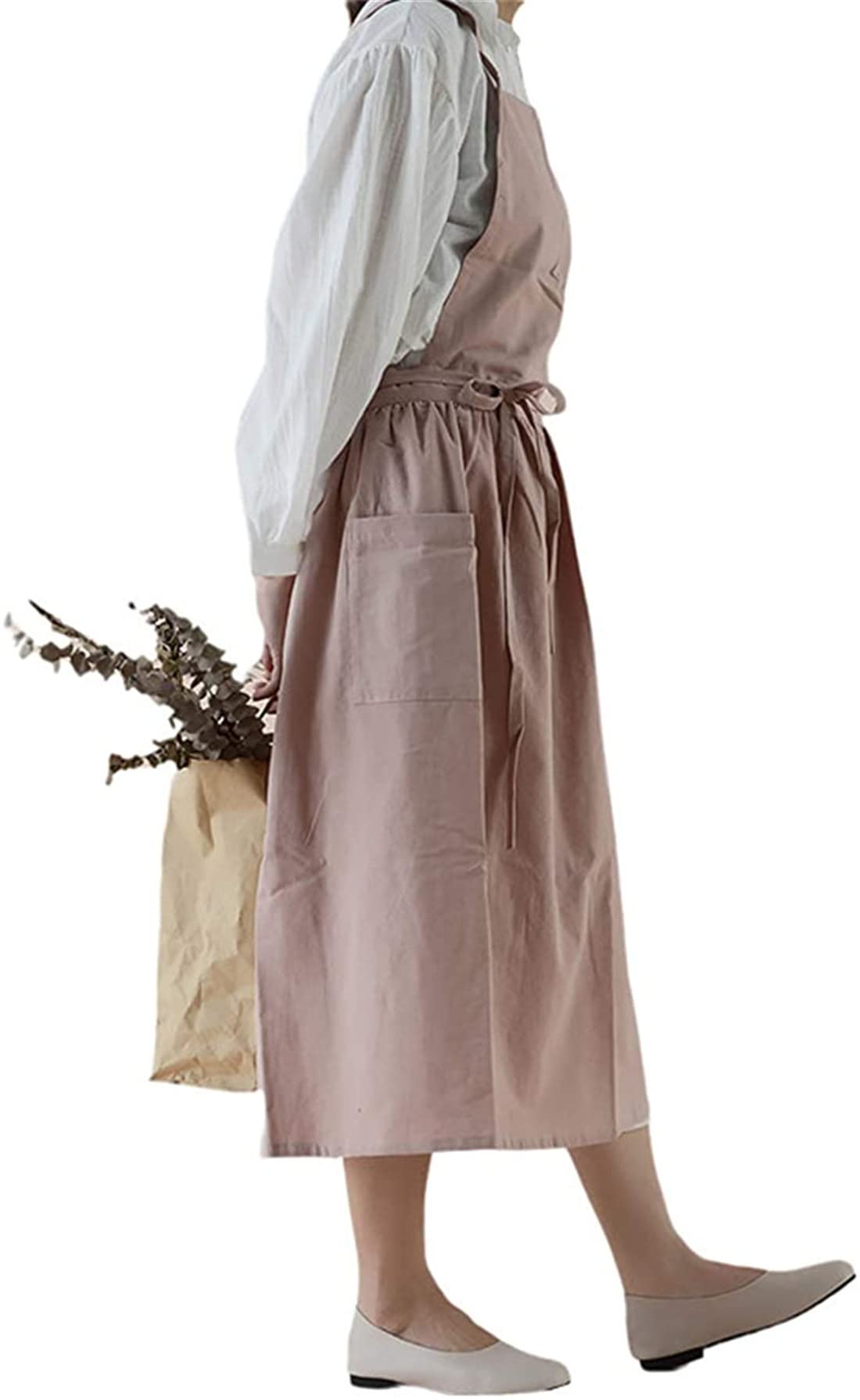 Achsoo Cotton Solid Color Pinafore with Pockets Cross Back Straps Casual Bib Aprons Cooking Gardening Coffee Shop (Pink-B)