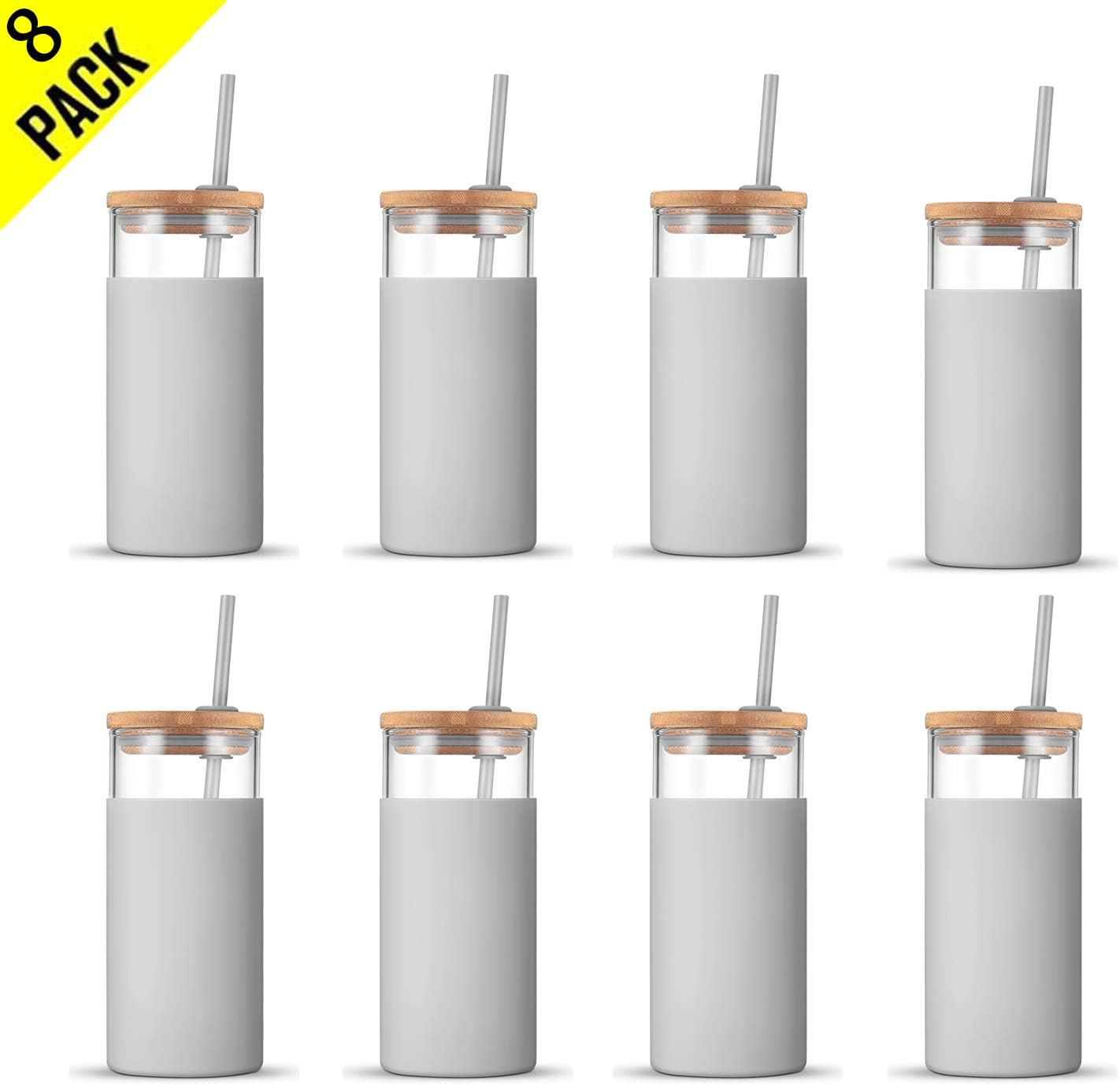 Tronco 20oz Glass Tumbler Glass Water Bottle Straw Silicone Protective Sleeve Bamboo Lid - BPA Free (French Grey/ 8-Pack)
