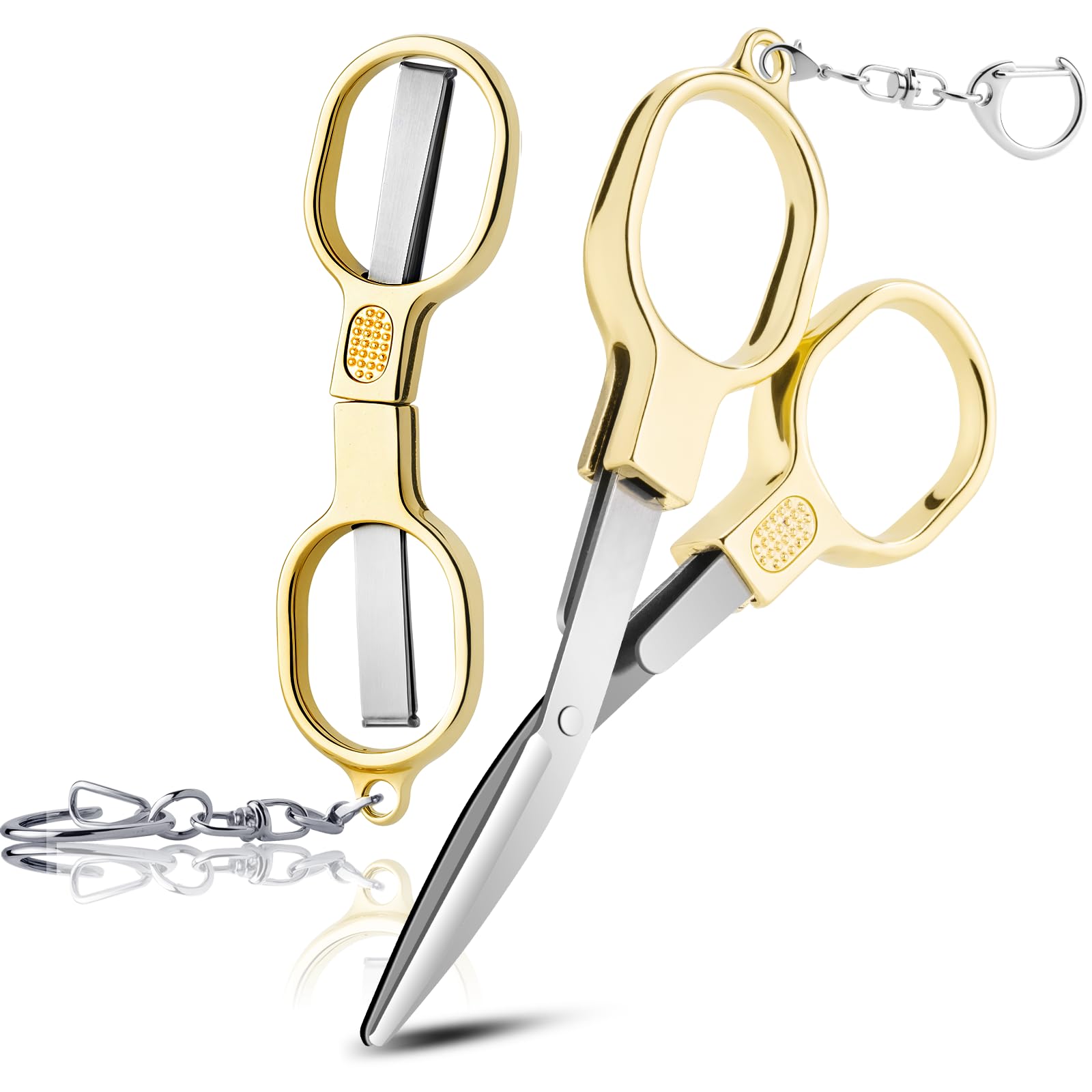 Photo 1 of 2 Pcs Folding Stainless Steel Portable Mini Small Travel Scissors, Safety Foldable Pocket Badge Nursing Scissors with 2 Keychain for Travel, Home, Office, Craft, Sewing (Gold)