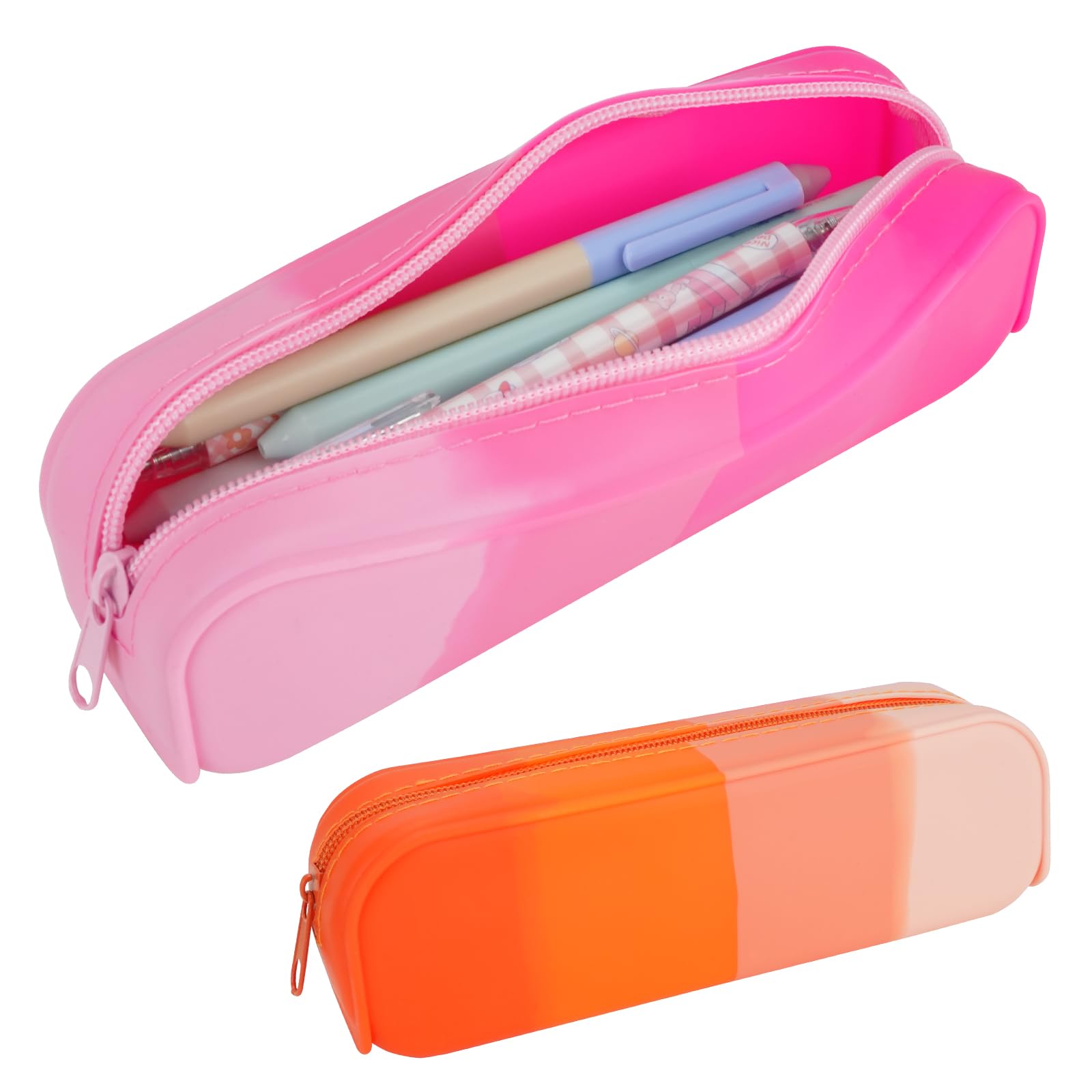 Photo 1 of TIE-DailyNec 2 PCS Silicone Pencil Case Pencil Pouch, Colorful Portable Pen Bag Waterproof Stationery Storage Bag with Zipper, Stylish Makeup Bag for Pen Pencils Markers Cosmetic (Pink + Orange)