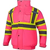 QELIN Hi Vis Safety Jacket for Women Winter ANSI Waterproof Pink Reflective Rain Bomber with Hood & Pockets