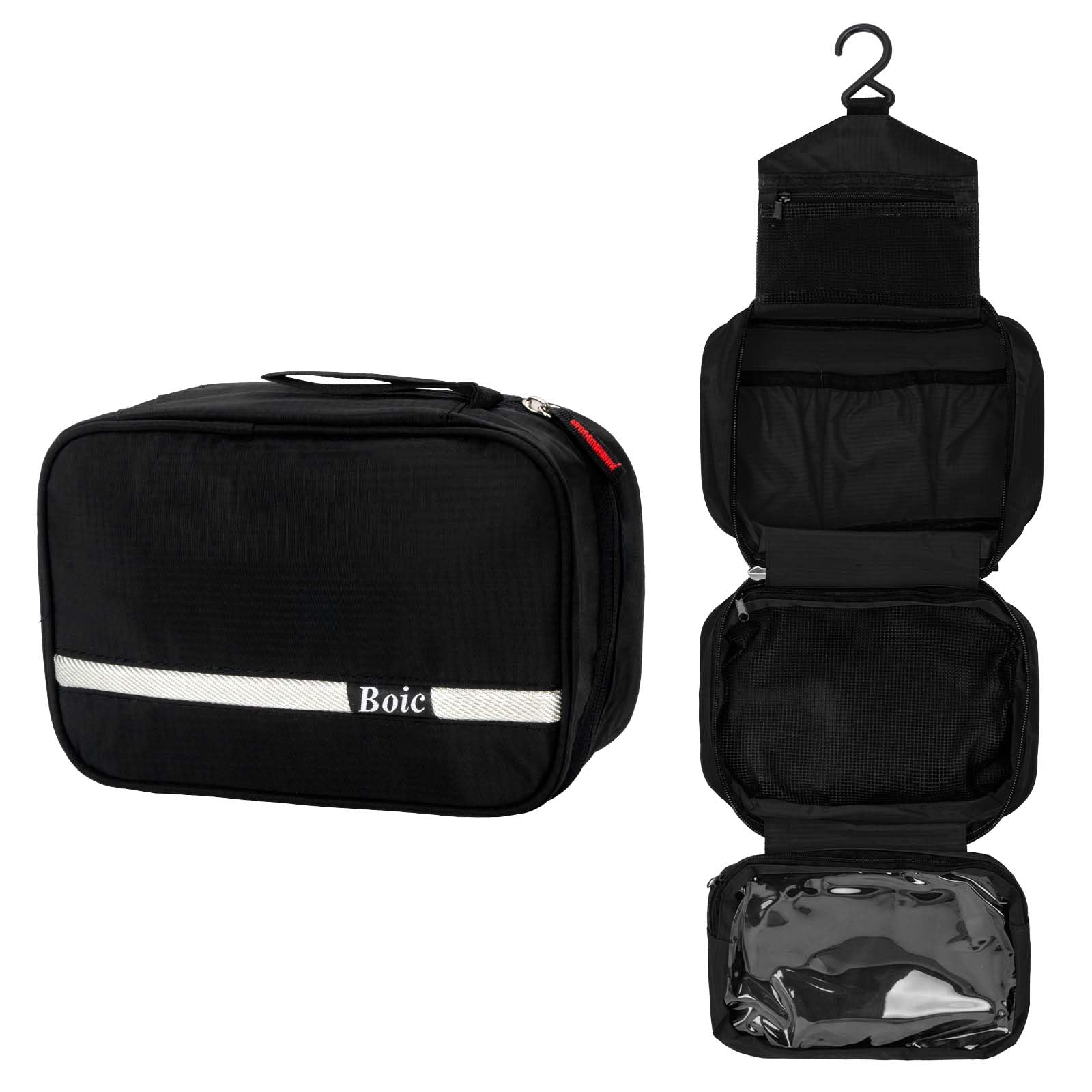 Boic Hanging Toiletry Bag, Waterproof Small Toiletry Wash Bag, Multifunctional Cosmetic Bag with 4 Compartments Folding Washbag for Men Mesh and Compact Compartment, 24x10x15cm (Black)