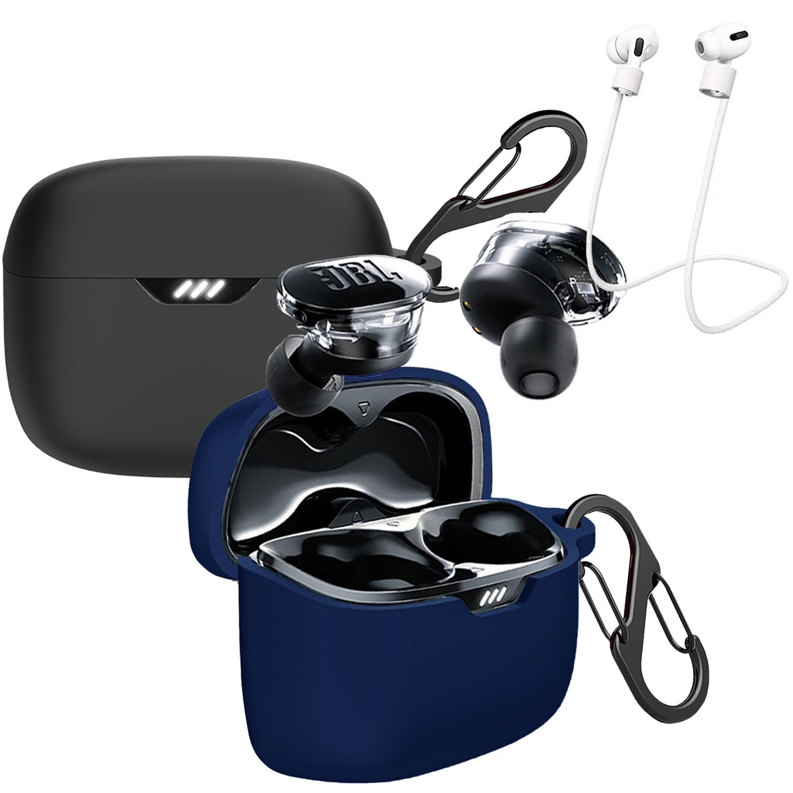 Photo 1 of [2 Pack] easyBee Case Compatible with JBL Tune Beam Earbuds Charging Cover, with 2 Keychain and Anti-Lost Strap, Soft Liquid Silicone Ultra Thin Shockproof Protective Kit - Black and Blue