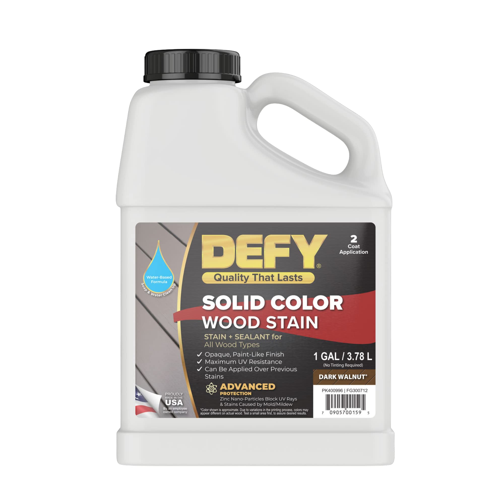 Photo 1 of DEFY Solid Color Wood Stain - Dark Walnut, 1 Gallon - Long-Lasting Deck Paint for Wood and Fence Stain – UV Resistant, Opaque Wood Paint – Ideal for Decks, Fences, Siding, and Outdoor Furniture