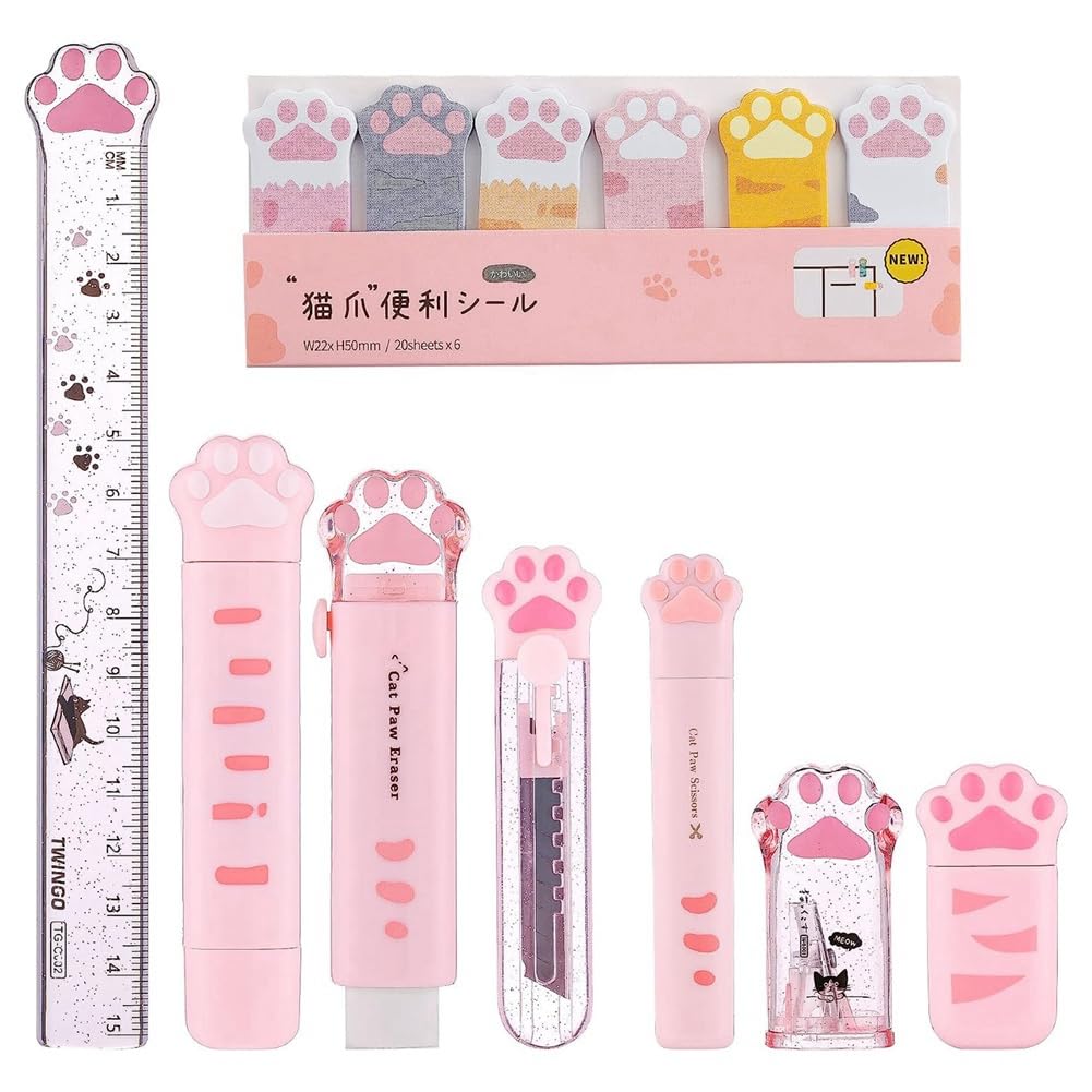 Buerjia 8 Pcs Cute Cat Stationery Set Kawaii School Supplies Including Pencil Sharpener Retractable Eraser Reusable (Pink)