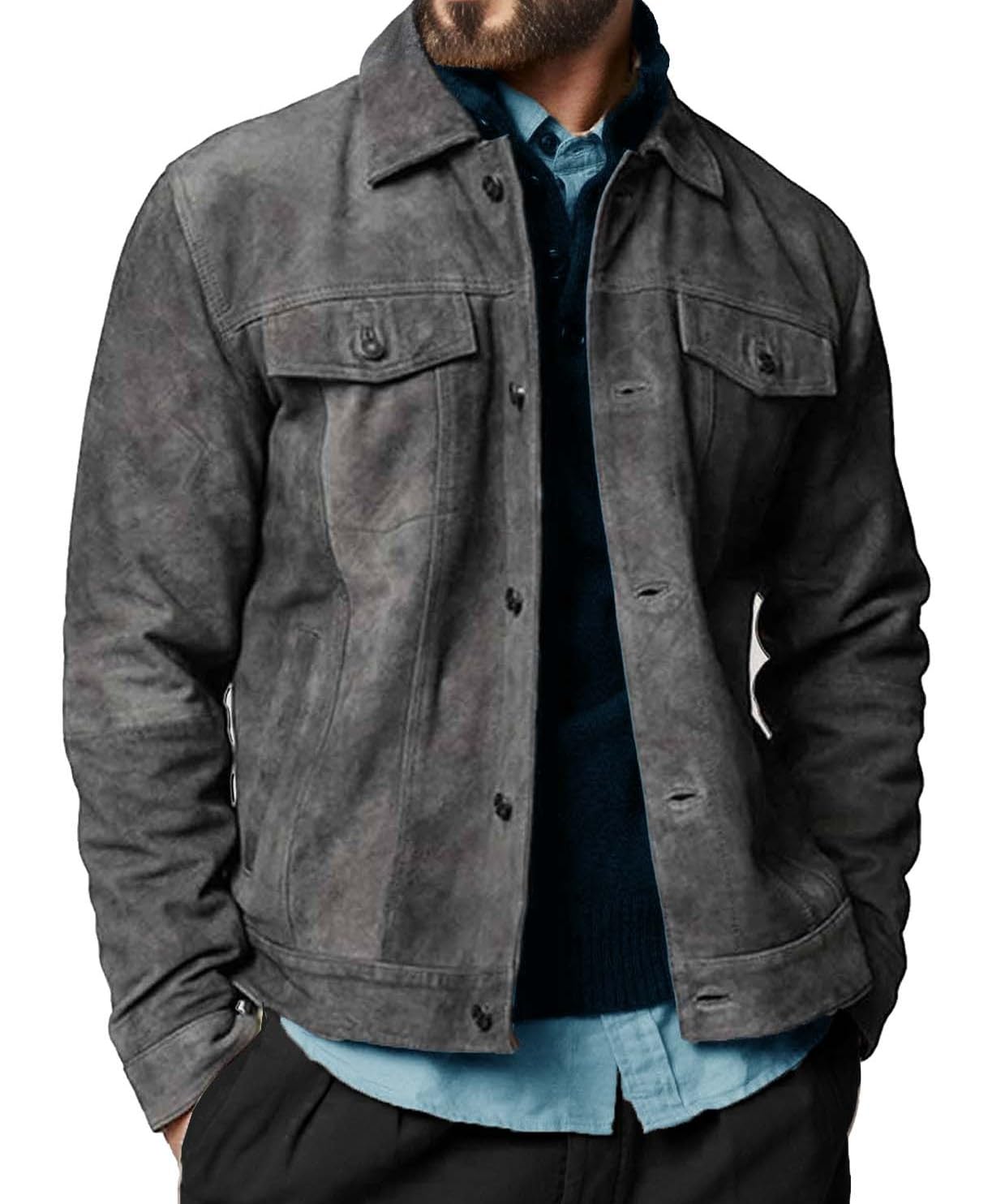 Photo 1 of Crafter Premium Vintage Trucker Suede Leather Jacket Men Genuine Lambskin Men Leather Jackets Shirt Collar Jackets For Mens (US, Alpha, Large, Regular, Regular, Grey Suede Leather)
