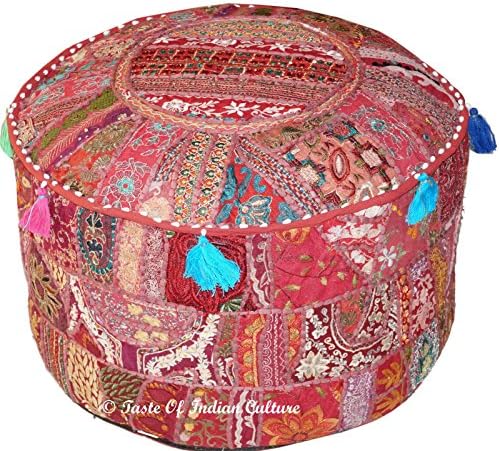 Vtg 22" Xl Burgundy Round Ottoman Pouf Stool Chair Tapestry Moroccan India Decor