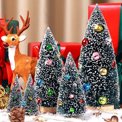 EIMMBD 5 Mini árboles de Navidad para decoración de árboles de Navidad Artificiales, árboles de Cepillo de Mesa, árboles pequeños de sisal con Nieve y Cuentas Coloridas para Interiores y Exteriores,