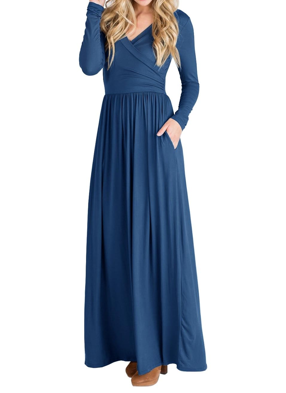 Buy Womens V Neck Maxi Dresses Long Sleeve Wrap Empire Waist Casual Swing Long Dress with 