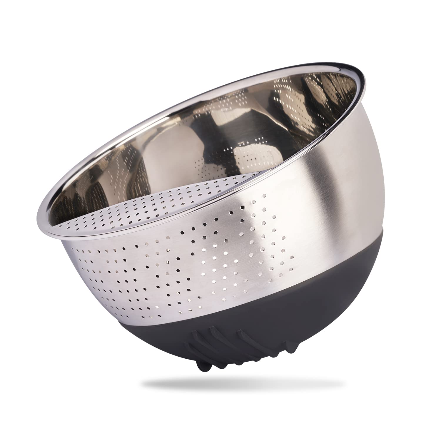 Reishunger Rice Washing Bowl Made of Stainless Steel (Black) - Strainer for Washing Rice and Vegetables - With Non-Slip Silicone Base (258-22-B)
