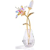 Crystal Tiger Lily Flowers with Crystal Vase Metal Stem Lily Flower Collectible Gifts for Women, Glass Lilium Flower Artificial Floral Figurines for Home Wedding Party Decor