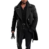 Runcati Mens Double Breasted Trench Coat Mid Long Jacket Notched Lapel Winter Chunky Warm Overcoat