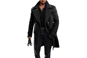 Runcati Mens Double Breasted Trench Coat Mid Long Jacket Notched Lapel Winter Chunky Warm Overcoat