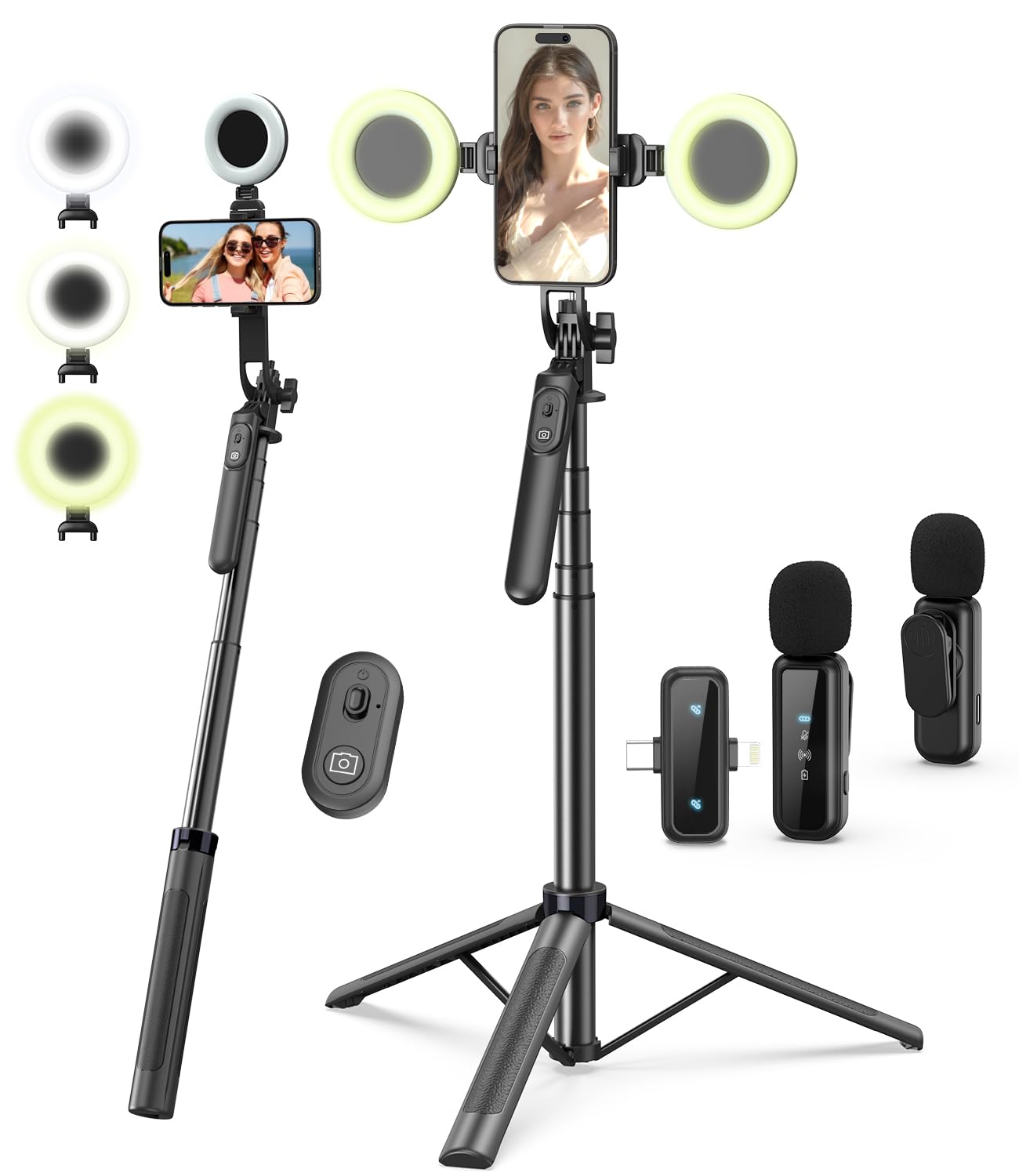 Vlogging Kit for iPhone/Android, 71" Selfie Stick Tripod for iPhone with Fill Light, Wireless Mic & Remote, Adjustable Aluminum Phone Tripod for TikTok/YouTube Content Creator Essentials Starter Kit‌