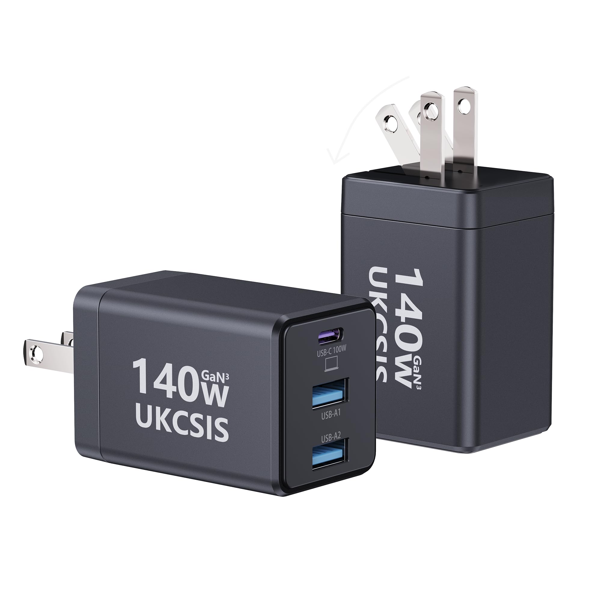 Photo 1 of 2Pack Mac Book Charger 140W, USB C Fast Charger Foldable 3-Port Multi-Device Fast Power Adapter, USB C Charger for MacBook pro/Air, Dell, Samsung Galaxy, iPad Pro, and More(Black)