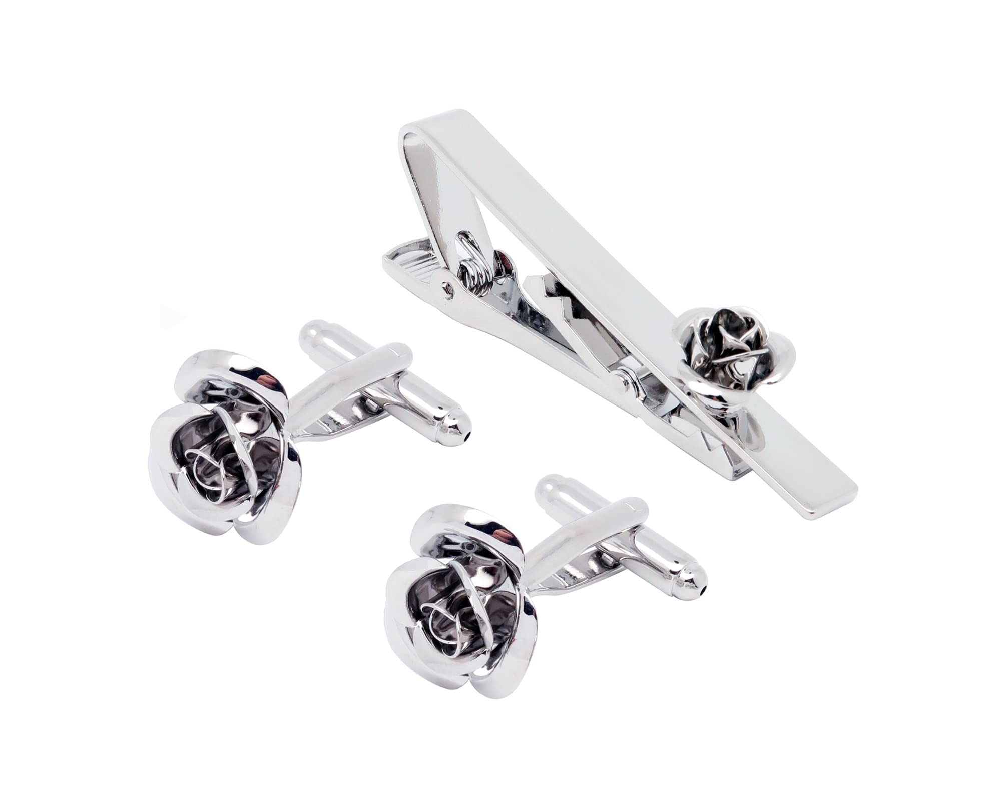 Jonwo Rose Flower Cufflinks and Tie Pin Set Regular Necktie Tie Clip Tie Bar Men Cufflinks for Wedding Business Shirt Tie (Silver Cufflinks Tie Clip Set)