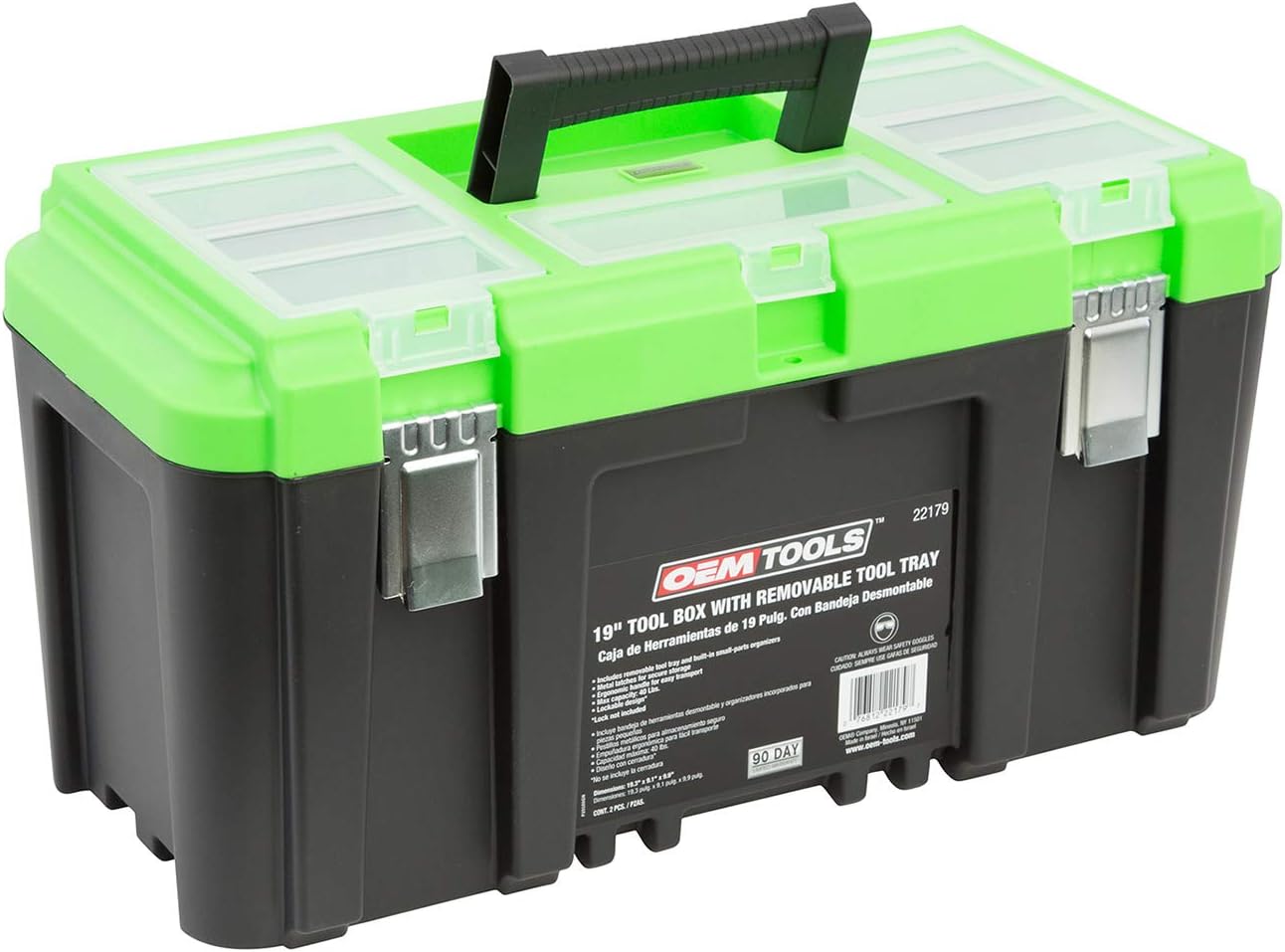 OEMTOOLS 22160 19 Inch Tool Box with Removable Tool Tray, Small Parts Organizer in Lid, Heavy Duty Tool Box with 2 Metal Latches, Rated up to 40 Lbs., Green - - 