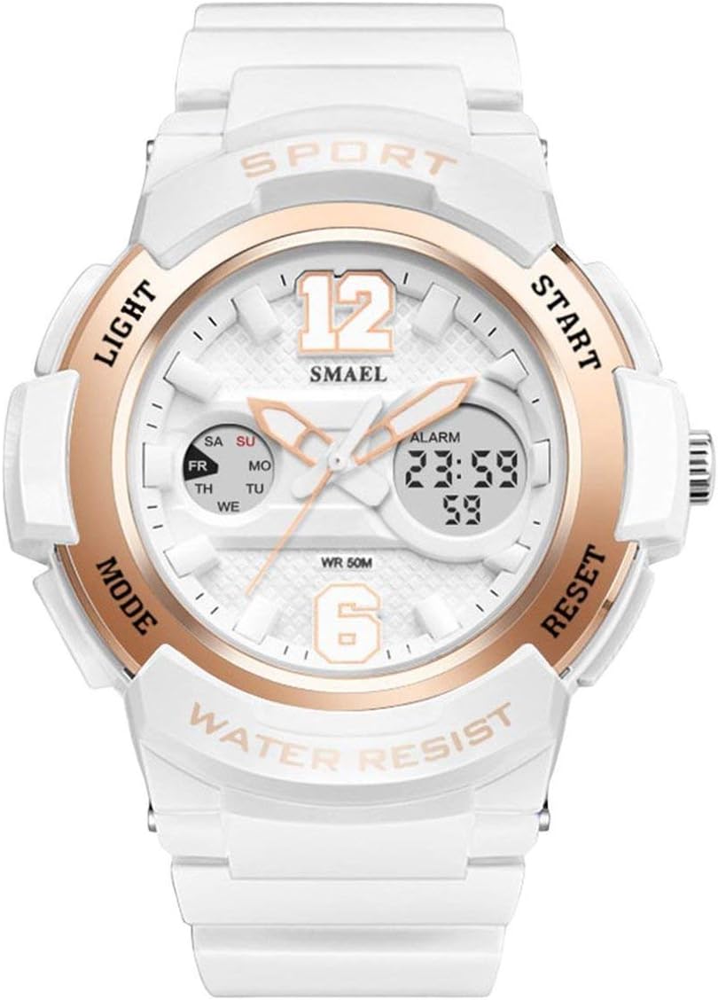 Multifunctional Sports Wristwatch SMAEL Women Wrist Watch Dual Display Watch Quartz Movement Watch Fashion Sport Clocks(Color:White&Rose Gold)