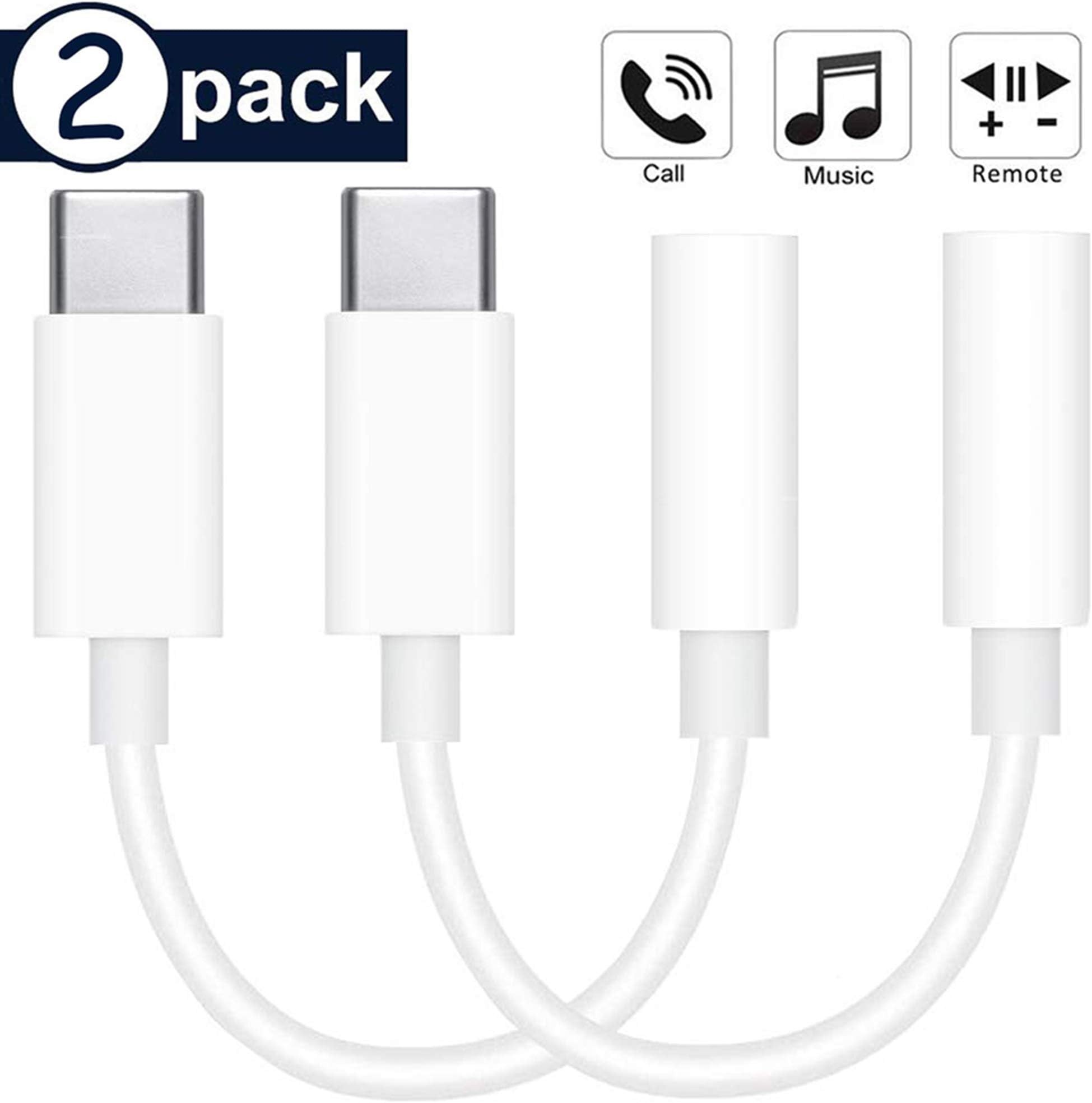 USB-C to 3.5 mm Headphone Jack Adapter, [2 Pack]USB-C to 3.5mm Aux Audio Earphone Dongle Jack Cable Type C Adapter Connector for Huawei P30 Pro/Mate 10 Pro/iPad Pro/Google Pixel/Samsung/OnePlus-White