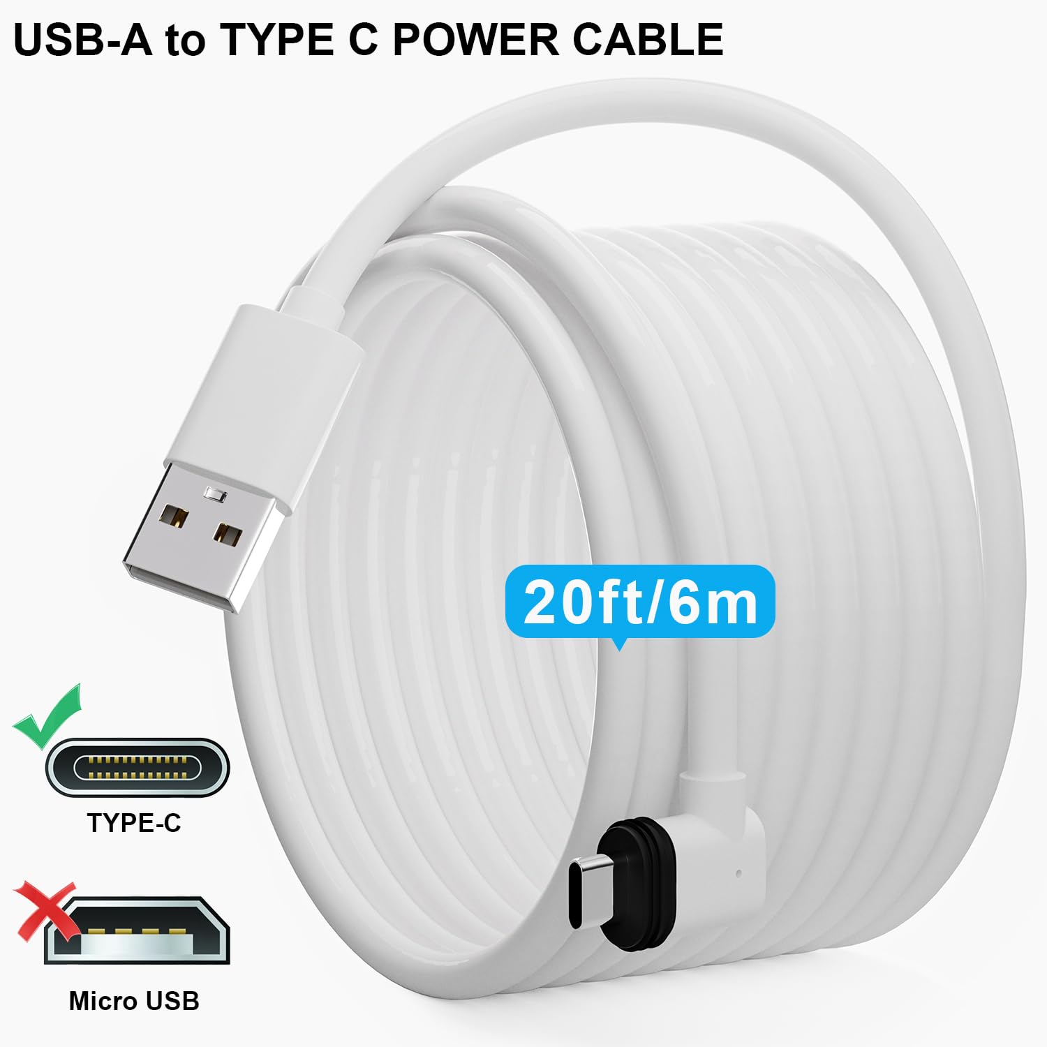 20FT Power Extension Cable for eufy SoloCam S220/SoloCam S340/eufyCam S300 (eufyCam 3C),Power Adapter and Weather Resistant Extension Type C Cable Continuously Charging Your Security Cameras (White)