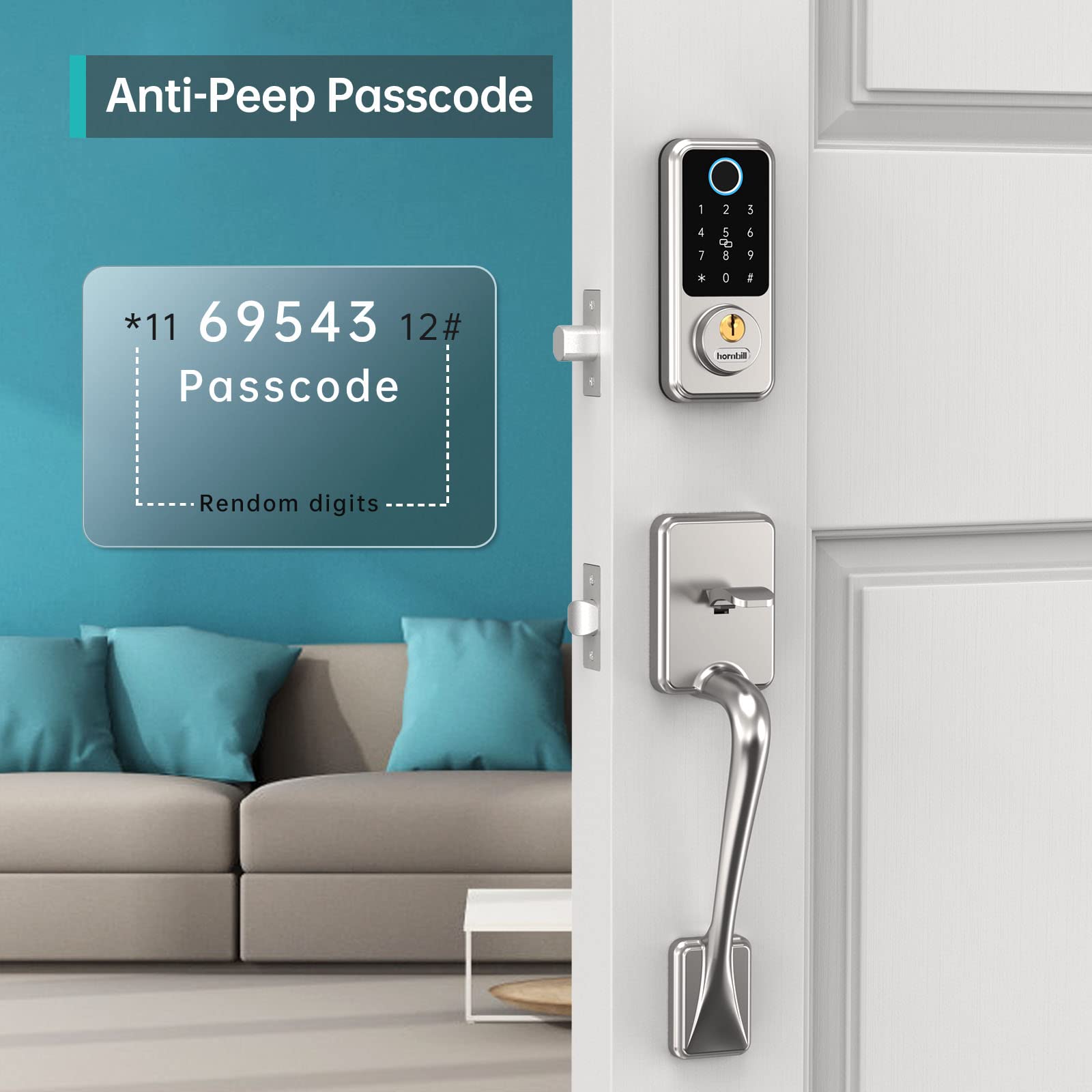 hornbill Biometric Fingerprint Smart Lock with Front Door Handle Set, Keyless Entry Smart Door Lock with Keypad, 8-in-1 Smart Deadbolt, Digital Smart Door Lock, Bluetooth Door Lock with Auto Lock