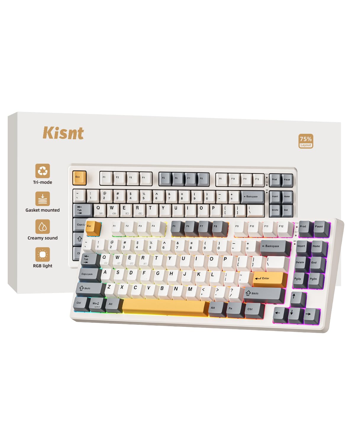 Photo 1 of Kisnt Wireless Mechanical Keyboard,Gasket Mounted with Creamy Sound,Bluetooth/2.4GHz/USB-C,Custom Hot Swappable,RGB Backlit,75% Compact Layout for Gaming/Typing/Win/Mac/PC (Retro Beige,Linear Switch)