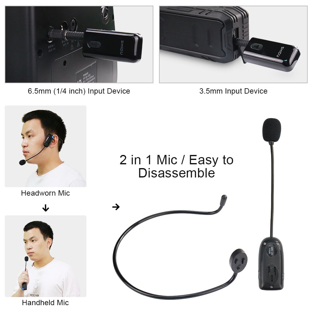 Zoweetek SHIDU UHF Wireless Microphone 2-in-1 Headworn and Handheld for Voice Amplifier, Speaker and Any AUX Audio Devices (AUS-ZW-SDMIC01)