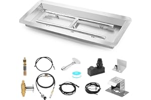 AOREWTGGH 24" x 8" Drop-in Fire Pit Pan, Rectangular Stainless Steel Natural & Propane Gas Firepit Insert Kit with H-Burner, Spark Ignition and Propane Hose Kit for Indoor & Outdoor, Rated for up to 120,000 BTU