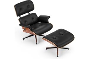 WOWT Top Black Grain Leather, Mid Century Chaise Lounge Chair and Ottoman, Modern Chair Classic Design, Palisander Wood, Heavy Duty Base Support for Living Room Office Study