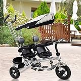 Costzon Kids Trike, 4 in 1 Twins Tricycle, 360°Rotatable Seats, Steer Stroller Detachable Canopy, Foldable Foot Pedals, Storage Basket (Tandem Tricycle, Black)