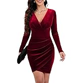 IHOT Women's Sexy V Neck Long Sleeve Velvet Bodycon Ruched Faux Wrap Cocktail Party Dress