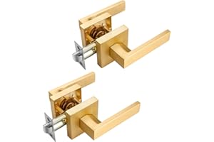 EHOMEWARE 2 Pack Closet Door Handles Interior Non-Locking Lever Set for Hallway Door or Closet with Satin Brass Finish, Reversible for Right or Left Side
