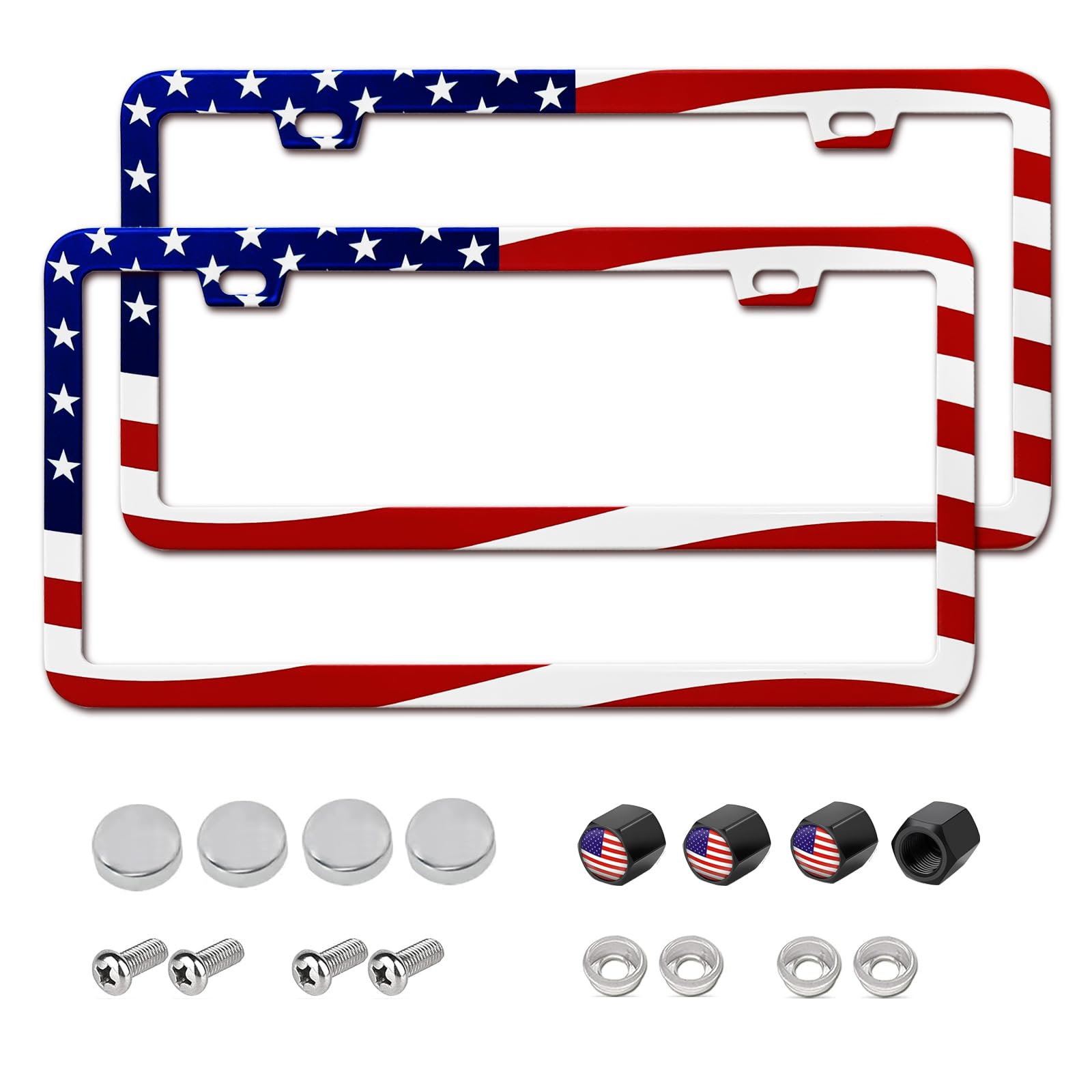 Photo 1 of 2 Packs License Plate Frame American Flag Printed Aluminum Metal Licence Plate Holder for Car Universal Fit for Men Women