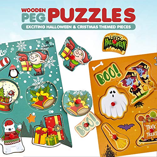 Halloween | Christmas | Wooden Peg Puzzle, Holiday Theme - Pack of 2 Learning Educational Pegged Puzzle Boards for Toddler & Kids (Set of 2) | Great Gift for Kids