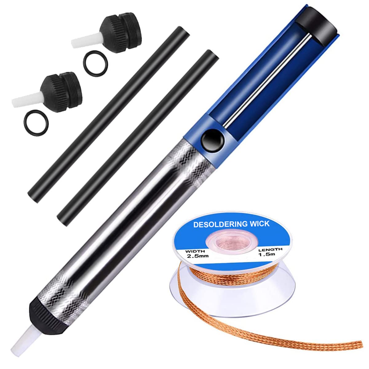 Youmile Solder Sucker Desoldering Vacuum Pump Solder Removal Tool Soldering Accessories with Desoldering Wick, 2 Pcs Spare Nozzle, 2 Pcs Heat Resistant Hose