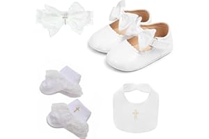TJCONETJC White Christening Baptism Baby Girl Outfits Dressup Accessories Gift 4 Pcs Headband Socks Shoes Sets
