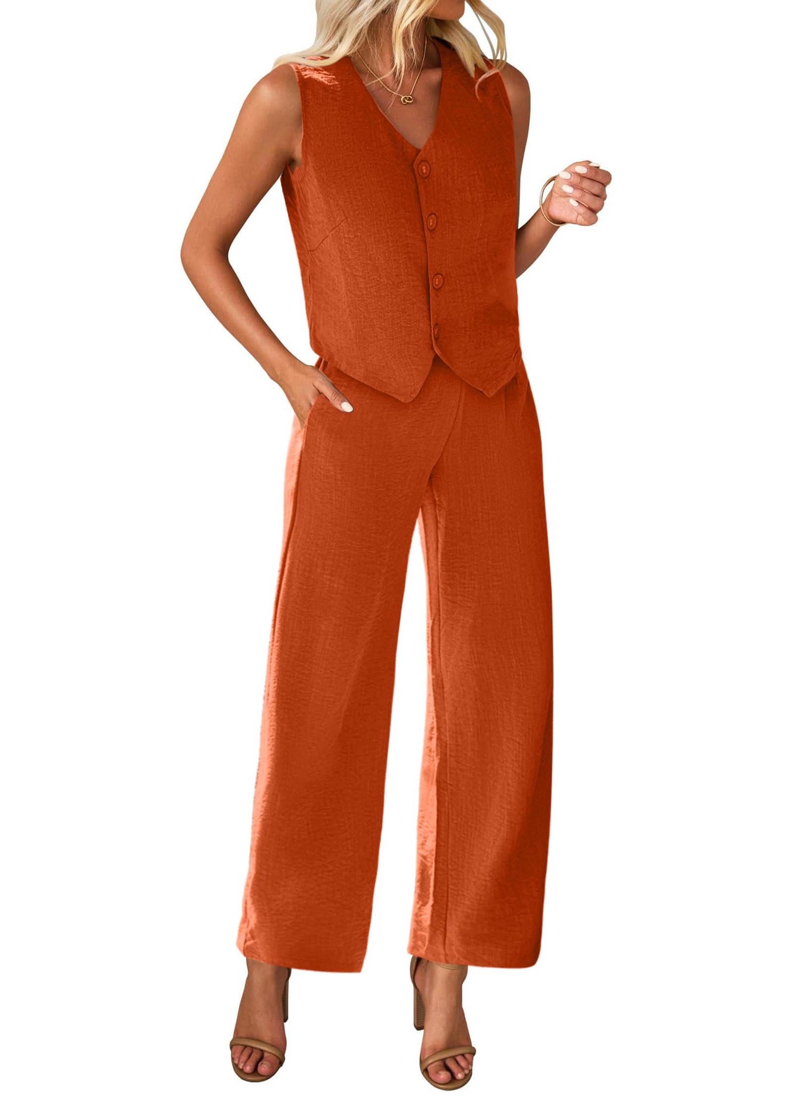 KIRUNDO Vest and Pants Set Women 2 Piece Outfits Sleeveless V Neck Linen Copped Blazer Vest and Wide Leg Pants Suit Brunch Summer Outfits 2026 Work Clothes(Brick Red, X-Small)