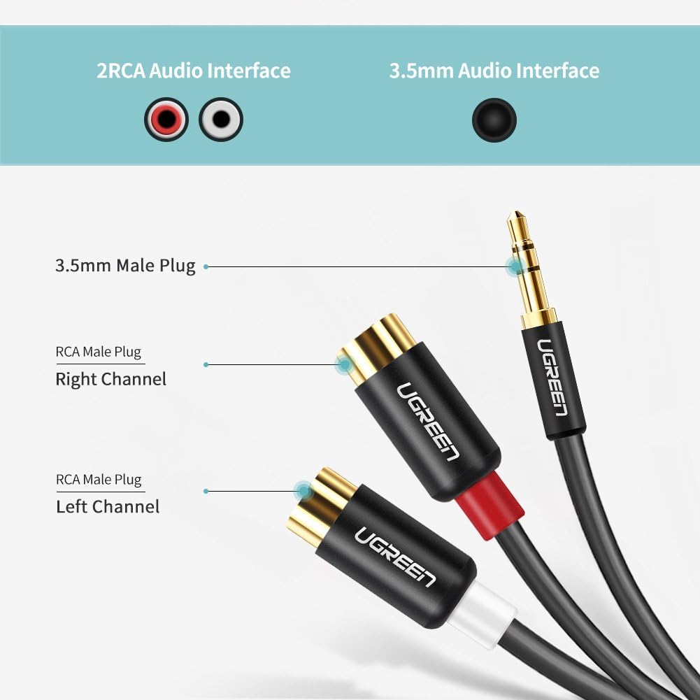 UGREEN 3.5MM Male to 2 RCA Female Jack Stereo Audio Cable Y Adapter Gold Plated Compatible for iPhone, iPod, iPad, MP3, Tablets, HiFi Stereo System, Computer Sound Speaker: Electronics