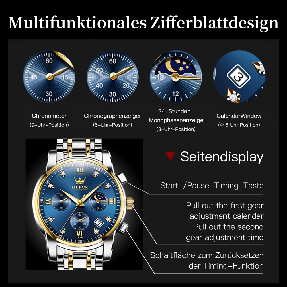 OLEVS Herrenuhren Blau Edelstahlarmband Quarz Uhr Männer mit Diamant Datum Wasserdicht Leuchtende Klassische Elegantes Armbanduhr Geschenk 6