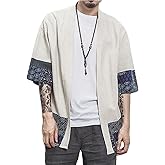 perdontoo Men's Casual Kimono Shirt Light Linen Short Sleeve Open Front Cardigan