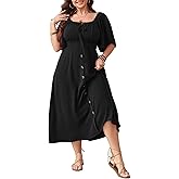 SHESTARR Plus Size Summer Dress Short Sleeve Square Neck Tie Front Smocked Button Down Flowy A-line Boho Maxi Long Dresses