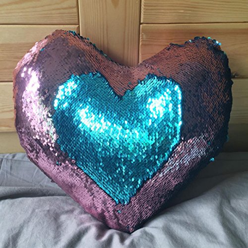 Elogoog Love Shape Double Color Reversible Sequins Mermaid Sofa Bed Pillow Case Zippered Square Decoration Cushion Covers (14 x 16 Inches, Love Series_A)