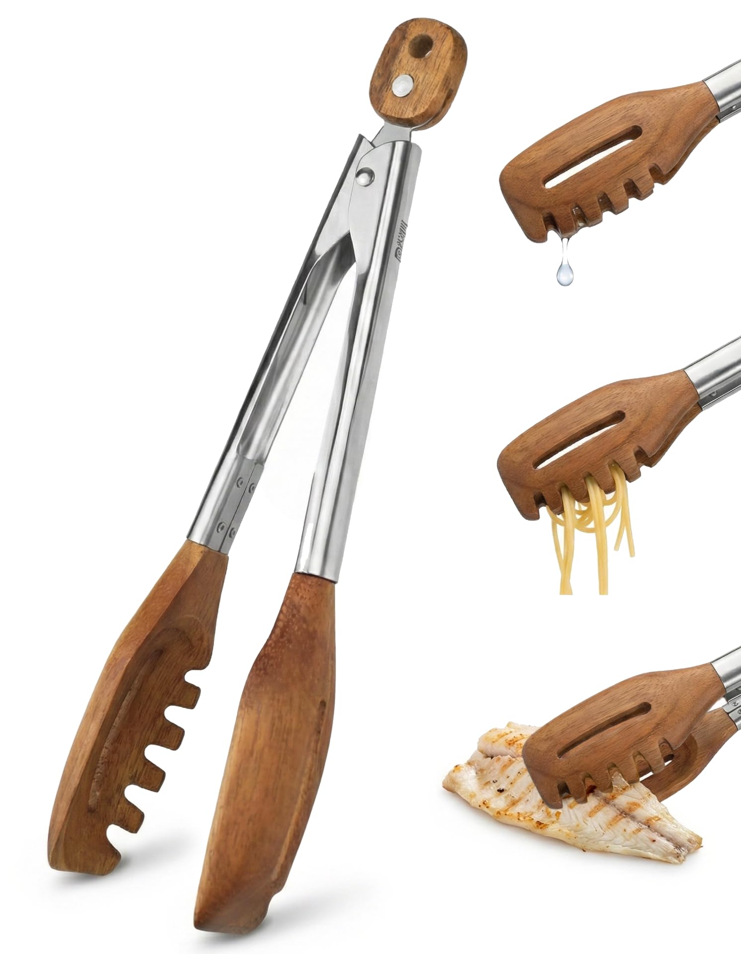 Photo 1 of 3-in-1 Kitchen Tongs & Pasta Server – 12 Inch Walnut Multifunction Tongs with Slotted Forked & Flat Tips for Pasta, Salad, Cooking and More – Elegant, Heat-Resistant Food Tongs for Home Cooks & Chefs