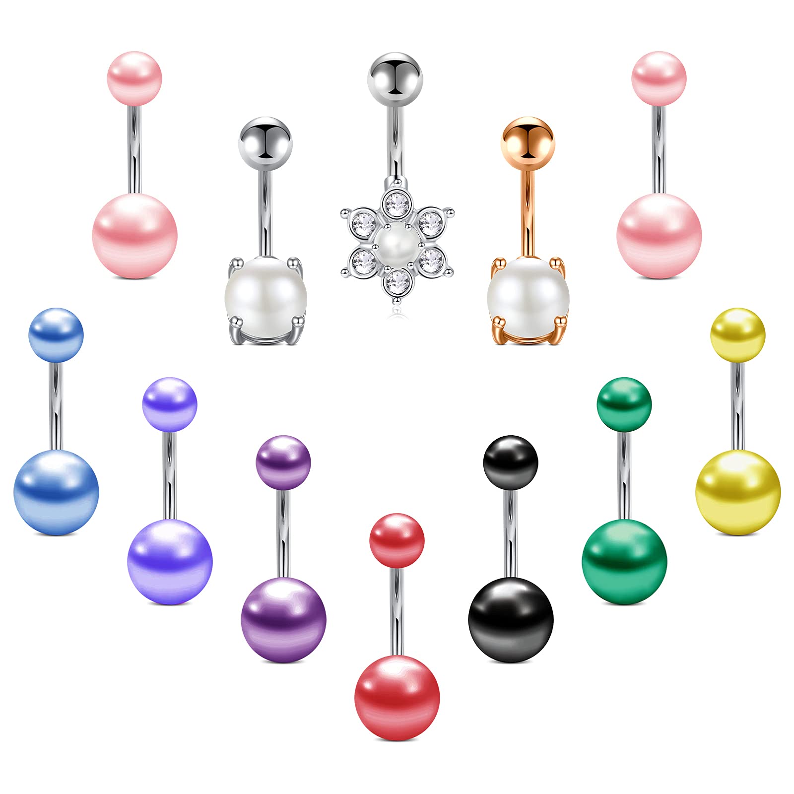 Funseedrr Surgical Steel Belly Bars Belly Button Piercing Rings Set 10mm 14G CZ Crystal Flower Navel Piercing Bars