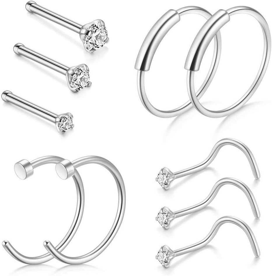GloryMM 10 PCS Hoop Nose Rings Stud Rings Set Piercings Hoop Ring Hoop Body Jewelry Titanium Steel Set,Steel Color