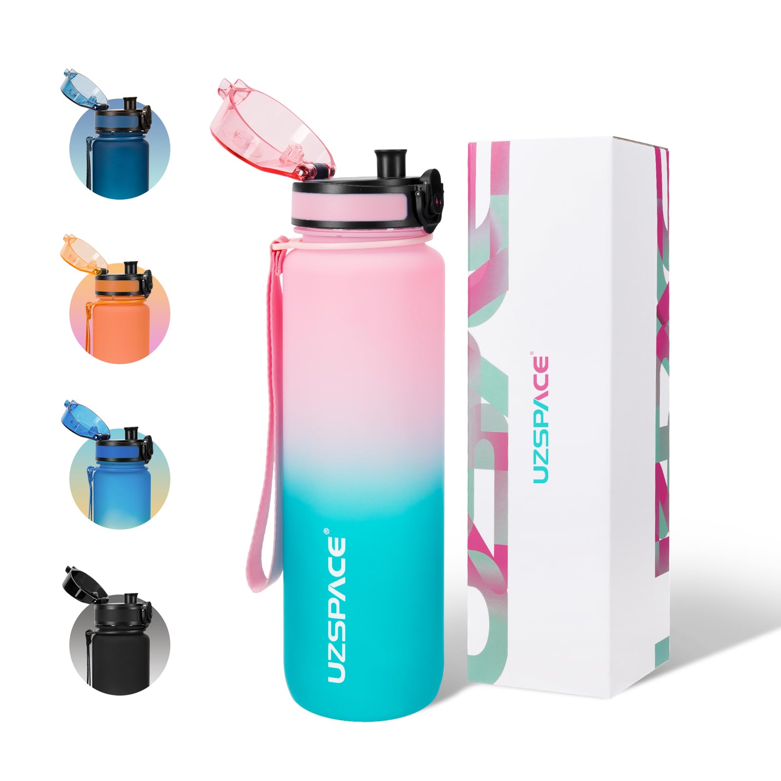 UZSPACE 1 Litre Water Bottle with Strainer - BPA Free Drinking Bottles for Adults - Sports Water Bottle with Capacity Scale - Daily Water Intake Bottle for School or Fitness & Outdoors Pink & Cyan