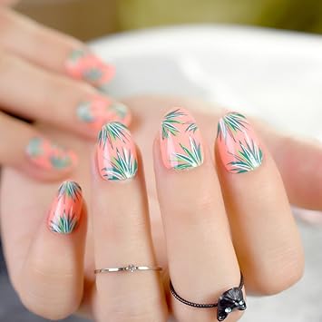 Amazon Com Orange Red Acrylic Nails Grass Design Short Full Cover