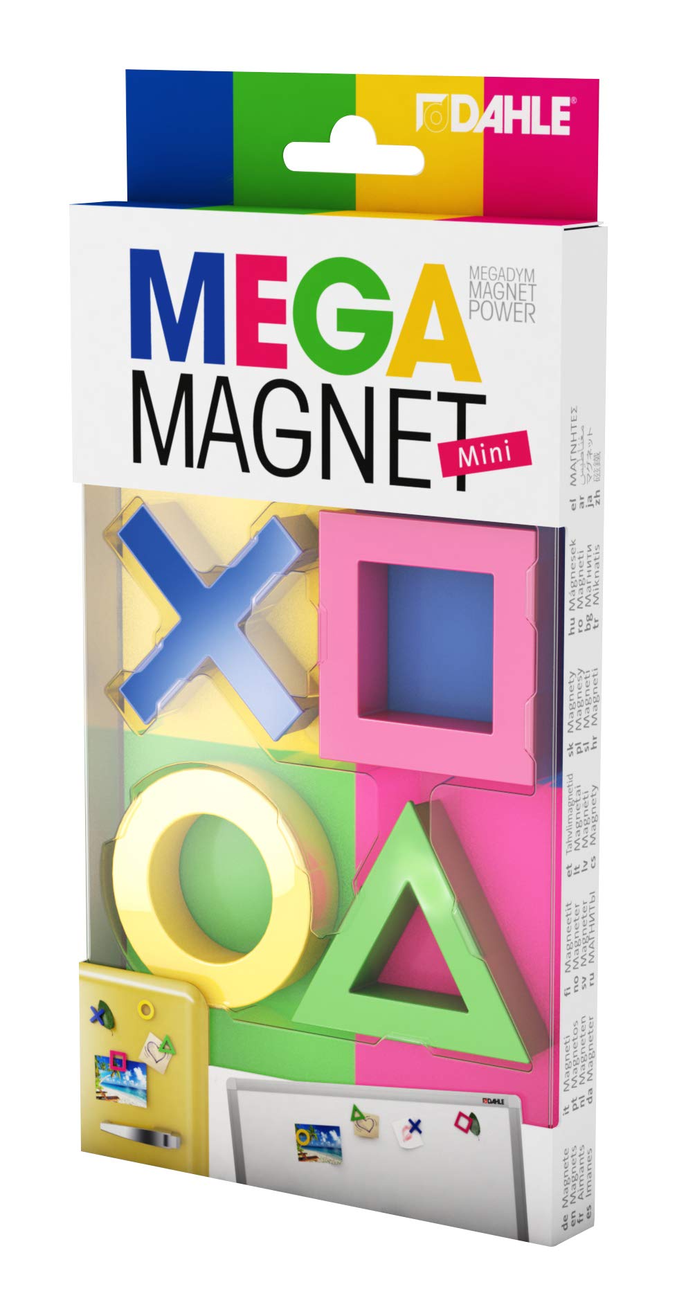 Dahle Mega Magnet Mini Set (4 Magnets in Geometric Shapes, 45 x 45 mm) Blue Pink Yellow Green