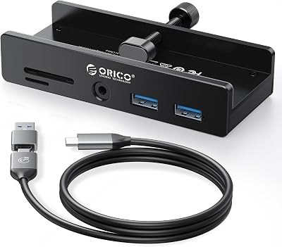 Hub USB 3.0, Hub USB a pinza con lettore di schede SD/TF, Splitter USB con 2 porte USB-A 3.0, audio da 3,5 mm, 5 Gbps, collegamento alimentazione 5V, per monitor, desktop