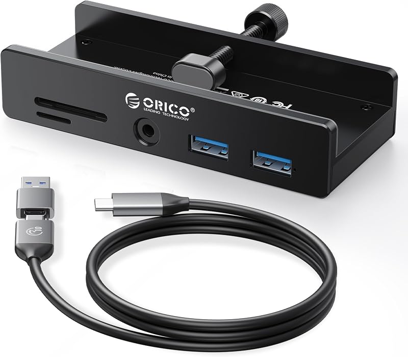 Hub USB 3.0, Hub USB a pinza con lettore di schede SD/TF, Splitter USB con 2 porte USB-A 3.0, audio da 3,5 mm, 5 Gbps, collegamento alimentazione 5V, per monitor, desktop